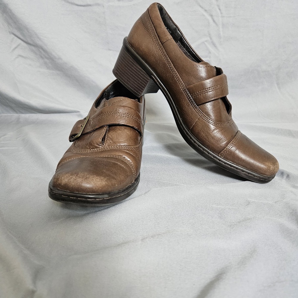 Clarks Artisan Women's 7.5W Leather‎ Buckle Loafers Brown Comfort Heels Shoes